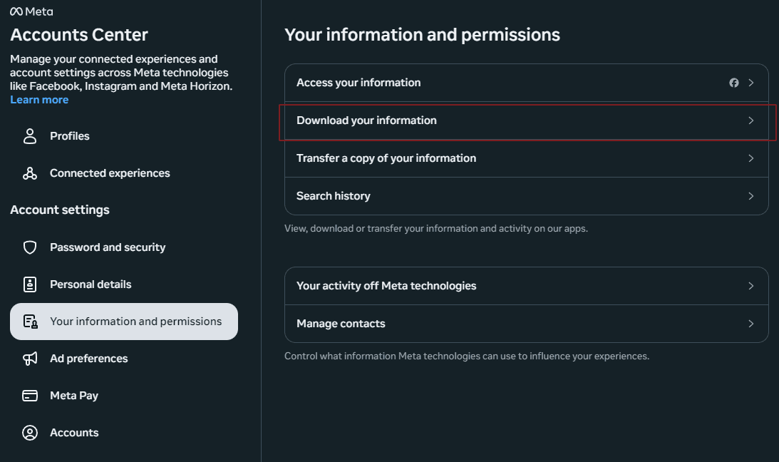 Navigate to Information and Permissions